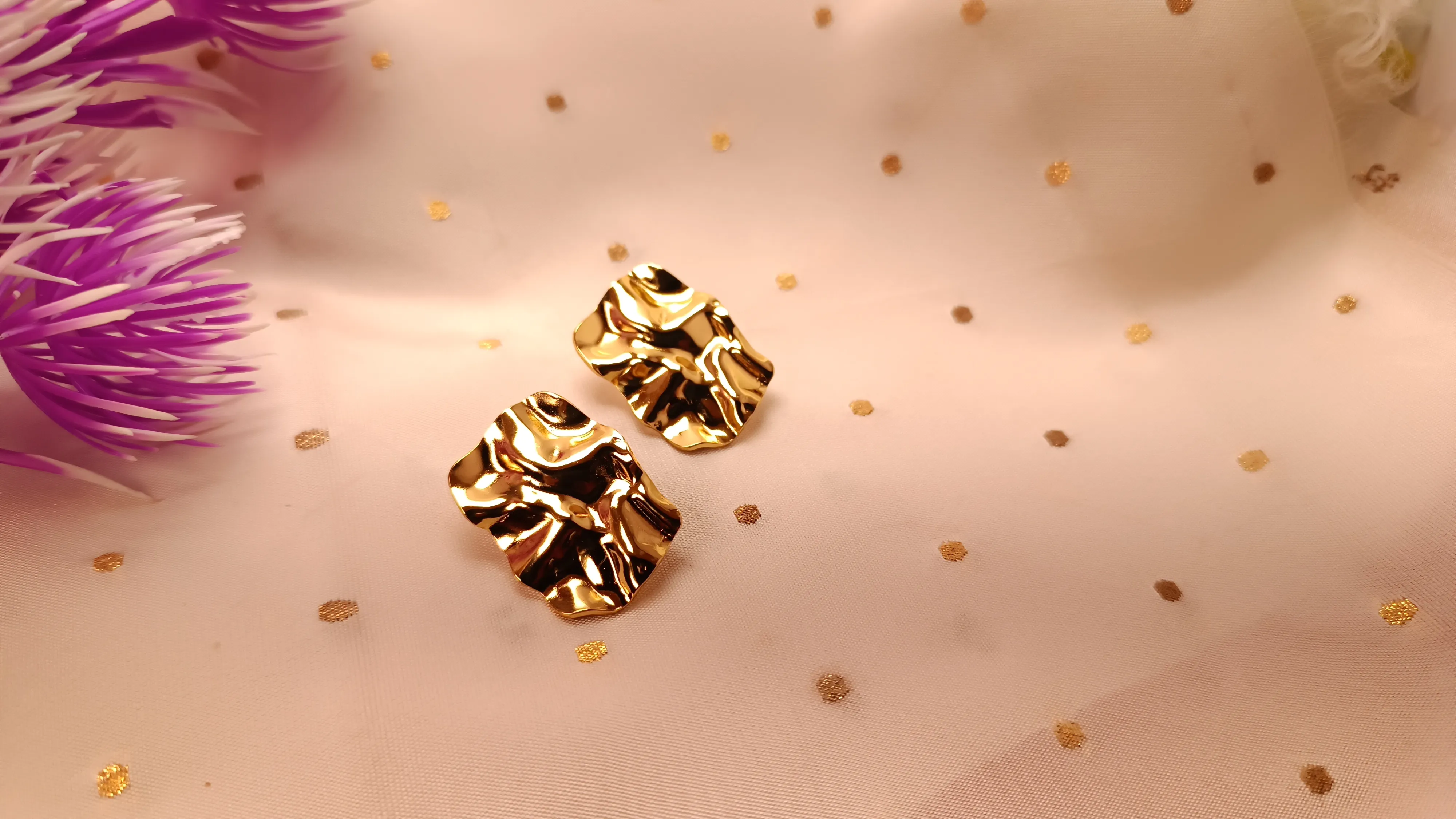 Gold Plated Crumpled Metal Effect Stud Earrings – Organic Molten Design in Stainless Steel